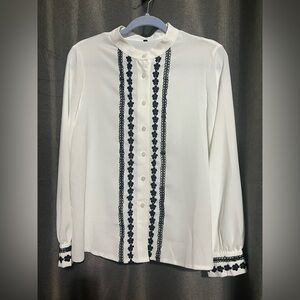 White Button Up Shirt with Black Embroidered Accents - Size L